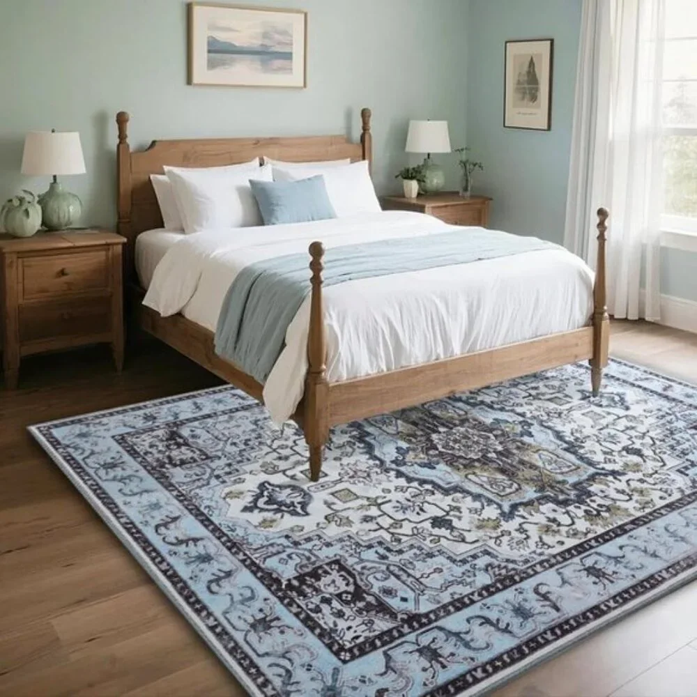 New 5x7 Blue Vintage Area Rug, Washable Low Pile Non-Slip Carpet for Living Room